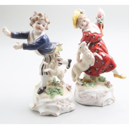 1241 - Pair of Continental Porcelain Figures Attractively Detailed Children with Lamb and Dog Each Approxim... 