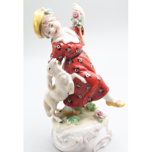 1241 - Pair of Continental Porcelain Figures Attractively Detailed Children with Lamb and Dog Each Approxim... 