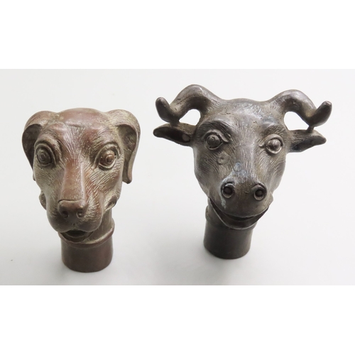 1243 - Two Walking Stick Handles Bronze Dog and Ram Each Approximately 6cm High