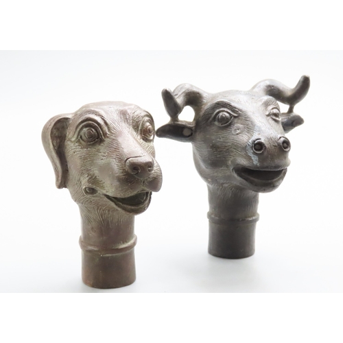 1243 - Two Walking Stick Handles Bronze Dog and Ram Each Approximately 6cm High