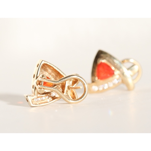 19 - Pair of Triangle Cut Fire Opal and Diamond Set Earrings Mounted in 18 Carat Yellow Gold 1.5cm High