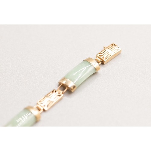 21 - Jade Six Stone Set Fancy Link Bracelet Mounted in 9 Carat Yellow Gold 19cm Long