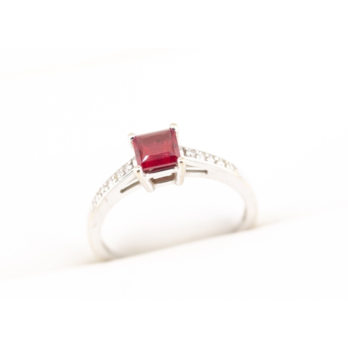 37 - Princess Cut Ruby Centre Stone Ring with Diamonds Set to Shoulders Mounted in 18 Carat White Gold Ri... 