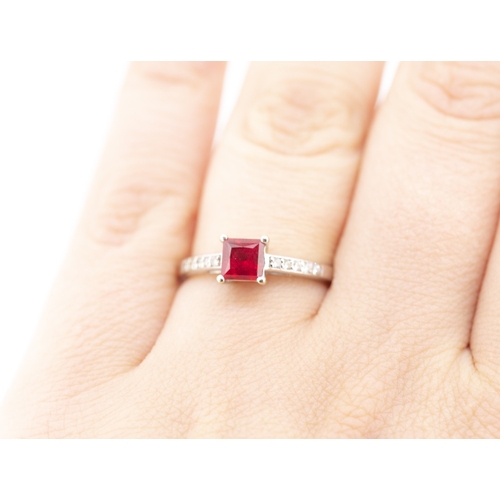 37 - Princess Cut Ruby Centre Stone Ring with Diamonds Set to Shoulders Mounted in 18 Carat White Gold Ri... 