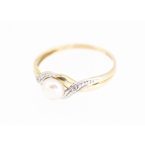 42 - Pearl Set Twist Form Ring with Diamond Insets to Shoulders Mounted in 9 Carat Yellow Gold Ring Size ... 