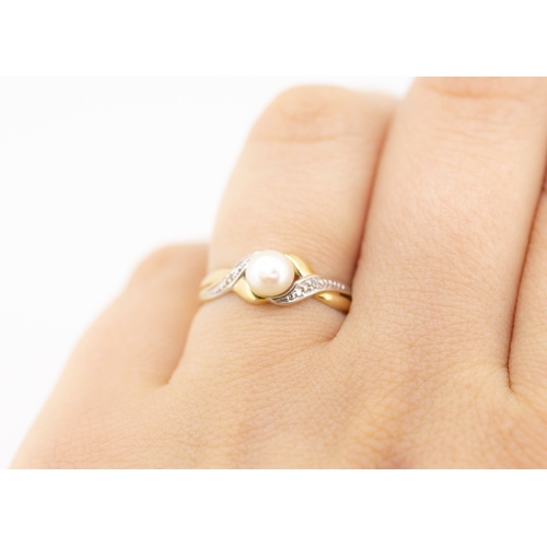 42 - Pearl Set Twist Form Ring with Diamond Insets to Shoulders Mounted in 9 Carat Yellow Gold Ring Size ... 