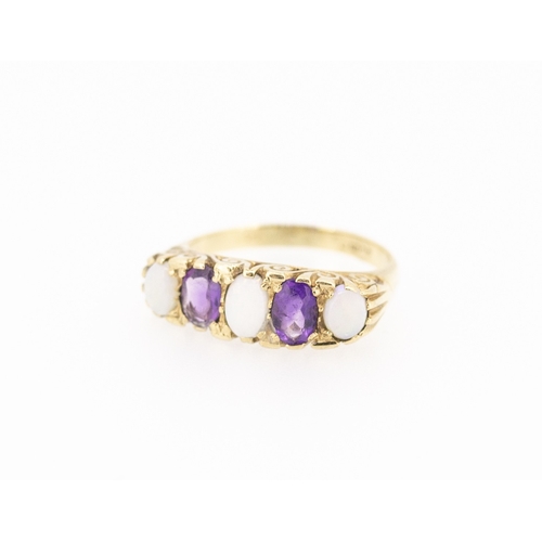 44 - Opal and Amethyst Set Five Stone Ring Mounted in 9 Carat Yellow Gold Ring Size N and a Half