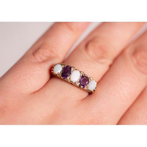 44 - Opal and Amethyst Set Five Stone Ring Mounted in 9 Carat Yellow Gold Ring Size N and a Half