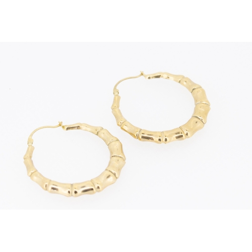 58 - Pair of 9 Carat Yellow Gold Bamboo Motif Hoop Earrings 3.5cm High