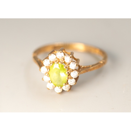 6 - Peridot and Gemstone Set Ladies Cluster Ring Mounted in 9 Carat Yellow Gold Ring Size O and a Half