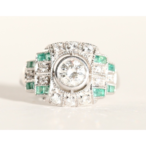 61 - Bezel Set Diamond Centre Stone Ring with Attractively Detailed Diamond and Emerald Set Cluster Surro... 