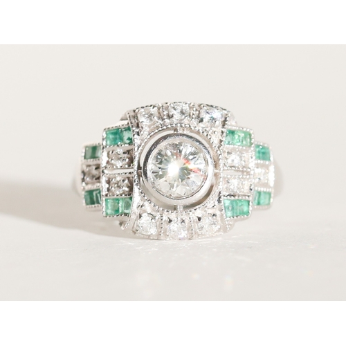 61 - Bezel Set Diamond Centre Stone Ring with Attractively Detailed Diamond and Emerald Set Cluster Surro... 