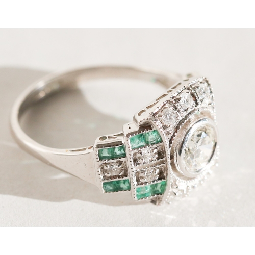 61 - Bezel Set Diamond Centre Stone Ring with Attractively Detailed Diamond and Emerald Set Cluster Surro... 