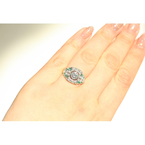 61 - Bezel Set Diamond Centre Stone Ring with Attractively Detailed Diamond and Emerald Set Cluster Surro... 