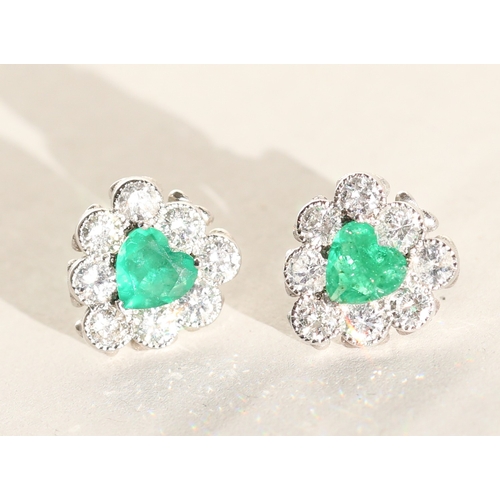 64 - Pair of Emerald and Diamond Set Heart Form Earrings Mounted in Platinum Total Emerald Carat Weight 1... 