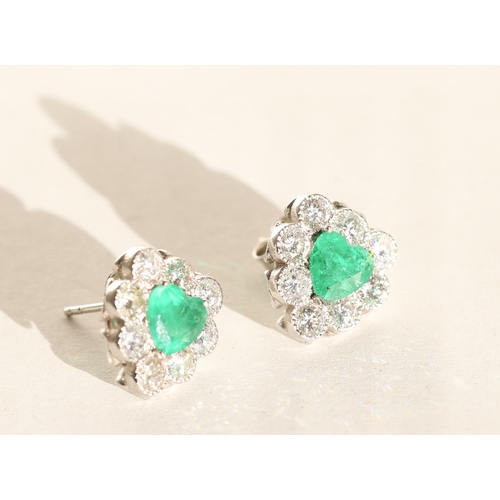 64 - Pair of Emerald and Diamond Set Heart Form Earrings Mounted in Platinum Total Emerald Carat Weight 1... 