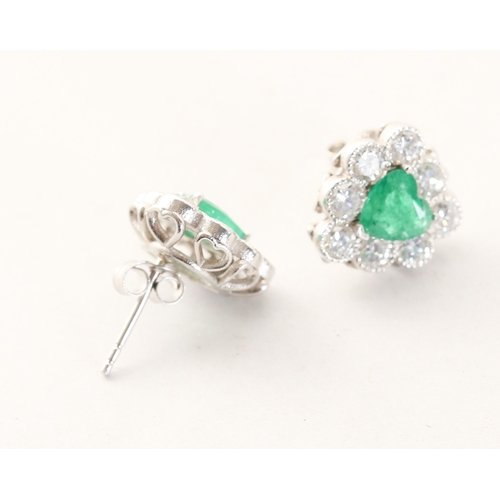 64 - Pair of Emerald and Diamond Set Heart Form Earrings Mounted in Platinum Total Emerald Carat Weight 1... 