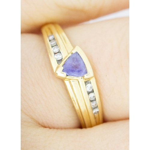 69 - Triangle Cut Amethyst Set Ring Mounted in 14 Carat Yellow Gold Further Diamond Inset to Shoulders Ri... 