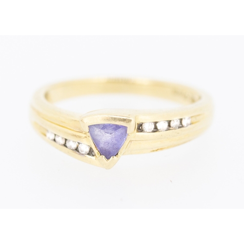 69 - Triangle Cut Amethyst Set Ring Mounted in 14 Carat Yellow Gold Further Diamond Inset to Shoulders Ri... 