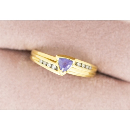 69 - Triangle Cut Amethyst Set Ring Mounted in 14 Carat Yellow Gold Further Diamond Inset to Shoulders Ri... 