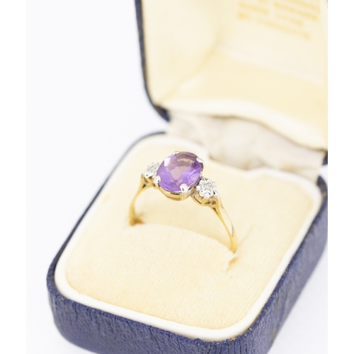 72 - Amethyst Ring with Diamonds Set to Shoulders Mounted in 9 Carat Yellow Gold Ring Size R