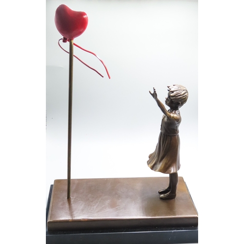 Bronze Sculpture Girl Love Heart Balloon Approximately 16 Inches High