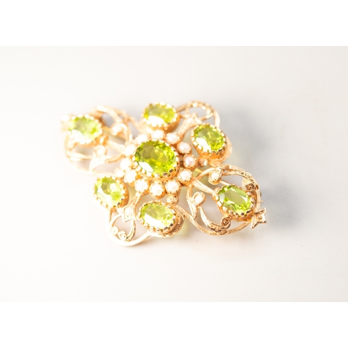 8 - Finely Detailed Peridot and Seed Pearl Set Brooch Mounted in 9 Carat Yellow Gold 5cm Wide