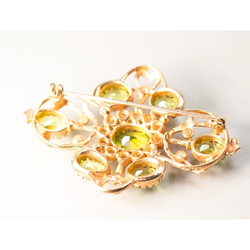 8 - Finely Detailed Peridot and Seed Pearl Set Brooch Mounted in 9 Carat Yellow Gold 5cm Wide