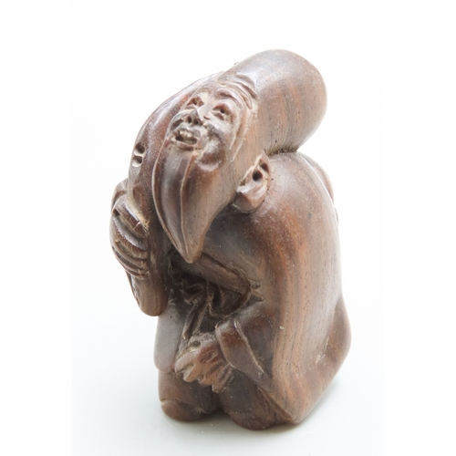 Netsuke Figure Carved Hardwood Signed to Base Wiseman Figure Approximately 6cm High