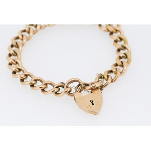 1 - 9 Carat Rose Gold Curb Link Bracelet Heart Padlock Clasp with Safety Chain Present 18.5cm Long