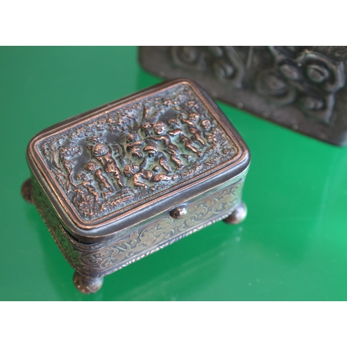 1008 - White Metal Snuff Box Embossed Decoration and White Metal Tea Caddy Hinged Cover Largest Approximate... 