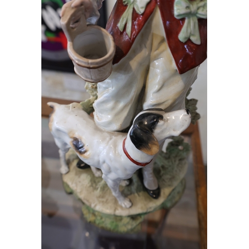 1009 - Large Antique Porcelain Figure of Hunting Lady with Hat and Hound Approximately 18 Inches High Finel... 