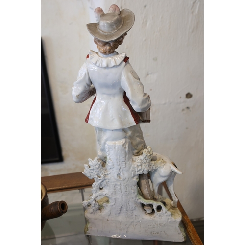 1009 - Large Antique Porcelain Figure of Hunting Lady with Hat and Hound Approximately 18 Inches High Finel... 