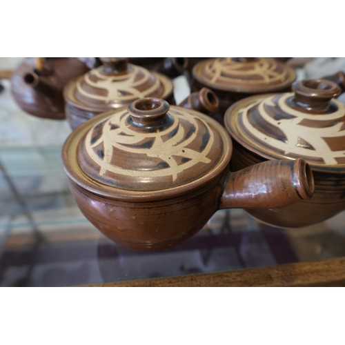 1010 - Set of Six Casserole Pots Fired Earthenware and Fired Earthenware Teapot Seven Pieces in Lot