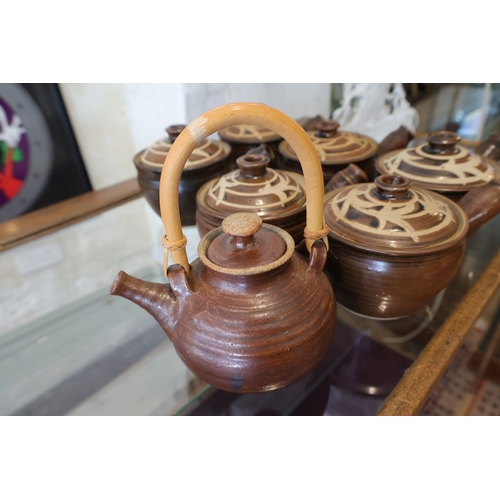 1010 - Set of Six Casserole Pots Fired Earthenware and Fired Earthenware Teapot Seven Pieces in Lot