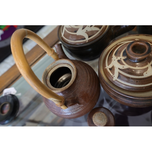 1010 - Set of Six Casserole Pots Fired Earthenware and Fired Earthenware Teapot Seven Pieces in Lot