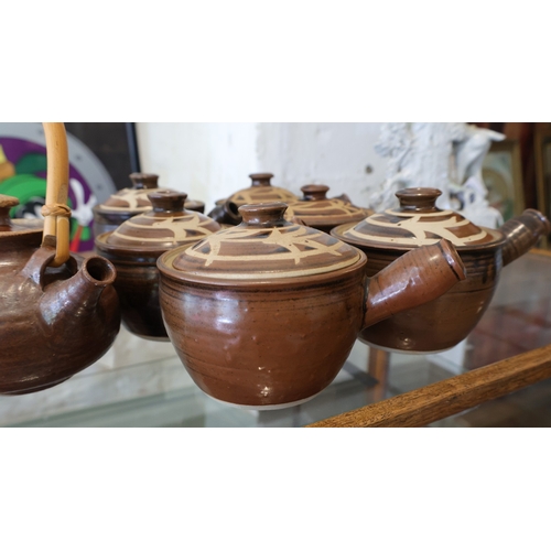 1010 - Set of Six Casserole Pots Fired Earthenware and Fired Earthenware Teapot Seven Pieces in Lot