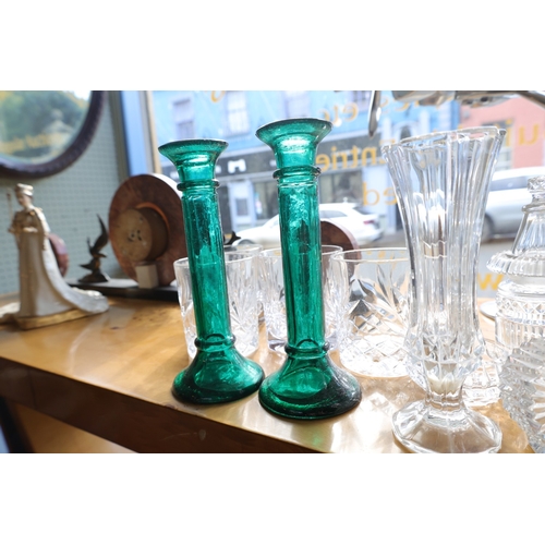 1020 - Various Irish Crystal and Others Including Desk Clock Coloured Candle Sticks Whiskey Tumblers Candle... 