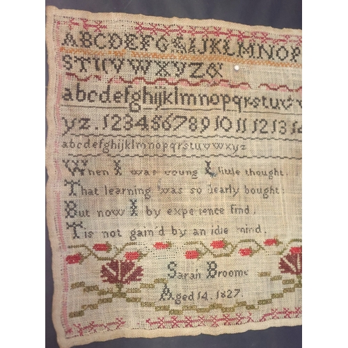 1027 - Old Needlepoint Panel Dated 1827 by Sarah Broome Age Fourteen Includes Poem 
When I was Young and Li... 