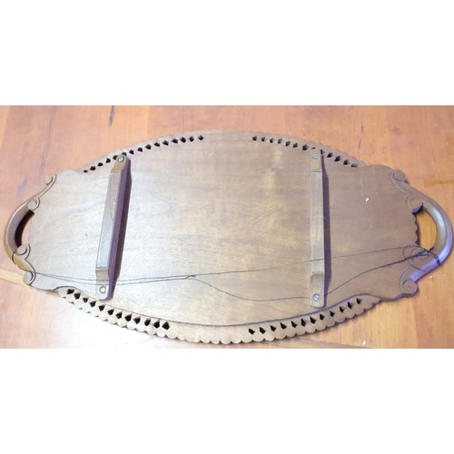 1030 - Eastern Carved Hardwood Serving Tray Oval Form Side Carry Handles Now Mounted as Hanging Piece Appro... 