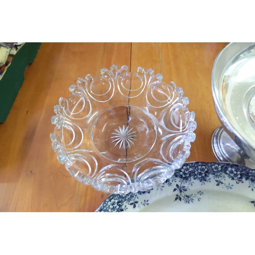 1032 - Blue and White Porcelain Platter Crystal Table Bowl Bon Bon Dish and Silver Plated Tazza with Tea Ca... 