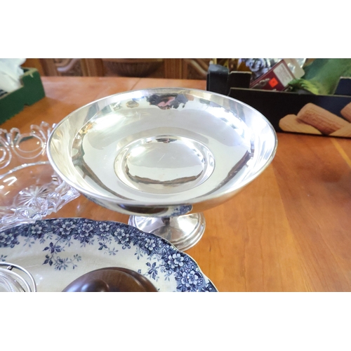 1032 - Blue and White Porcelain Platter Crystal Table Bowl Bon Bon Dish and Silver Plated Tazza with Tea Ca... 