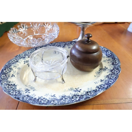 1032 - Blue and White Porcelain Platter Crystal Table Bowl Bon Bon Dish and Silver Plated Tazza with Tea Ca... 