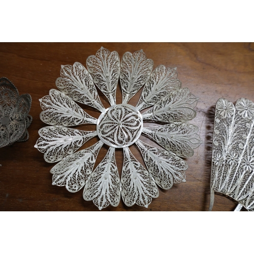 1037 - Three Pieces of White Metal Ware Including Mantilla and Two Table Dishes Each Filigree Decorated