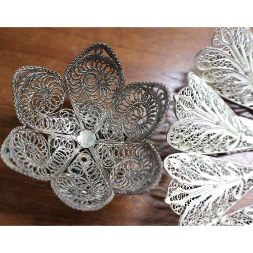 1037 - Three Pieces of White Metal Ware Including Mantilla and Two Table Dishes Each Filigree Decorated