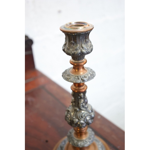 1054 - Pair of Antique Rocco Form Sliver Plated and Copper Candle Sticks Turned Circular Bases Each Approxi... 