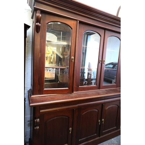 1057 - Mahogany Three Door Cabinet Mirrored Back Cupboard Base Approximately 6ft Wide x 7ft 4 Inches High