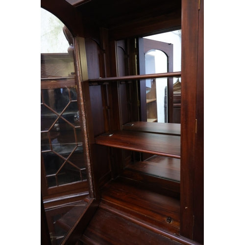 1057 - Mahogany Three Door Cabinet Mirrored Back Cupboard Base Approximately 6ft Wide x 7ft 4 Inches High