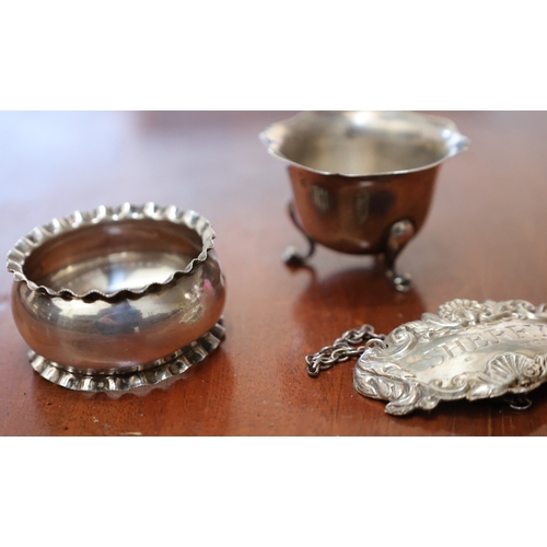 1062 - Three Silver Pieces Napkin Ring Table Salt and Sherry Decanter Each Hallmarked