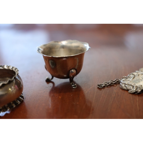 1062 - Three Silver Pieces Napkin Ring Table Salt and Sherry Decanter Each Hallmarked